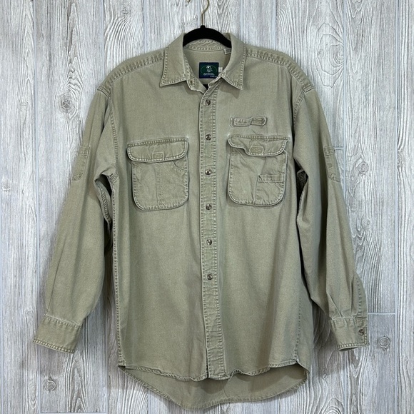Vintage Camel Expedition Safari Tan Long Sleeve Button Down Shirt Size Large - Picture 1 of 12